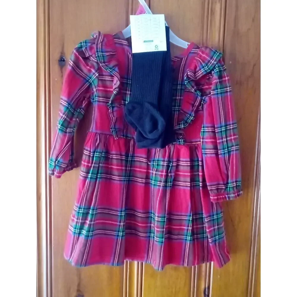 Girls Red Green Plaid Dress & Tight Outfit Set 2 Pc size 18 Months Wonder Nation